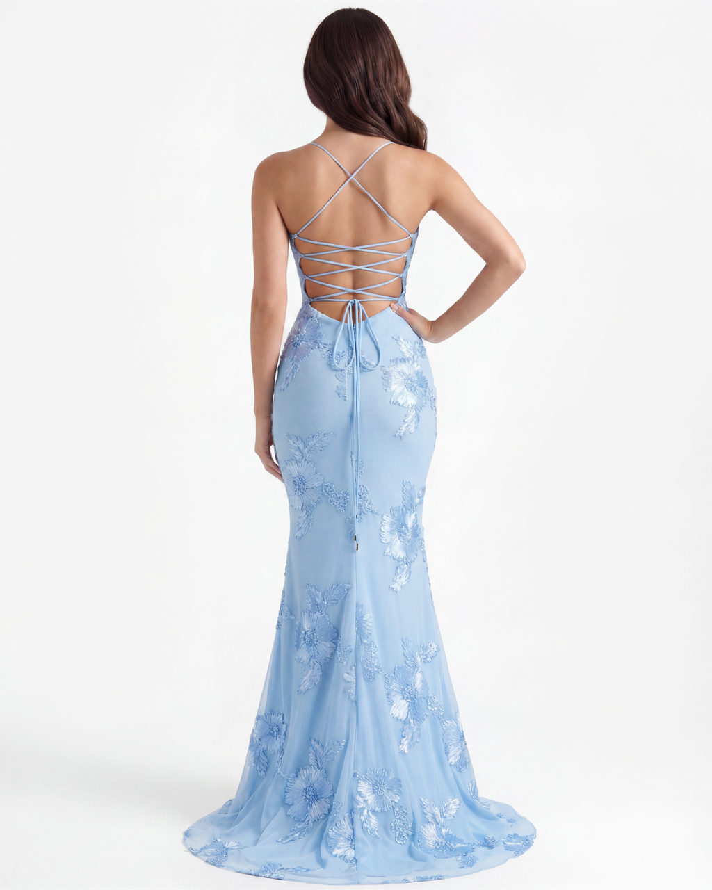 Maxi-jurk met korset en bloemenlintapplicatie in babyblauw – romantische trouwgastjurk voor tuinfeest