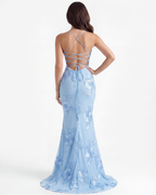 Maxi-jurk met korset en bloemenlintapplicatie in babyblauw – romantische trouwgastjurk voor tuinfeest