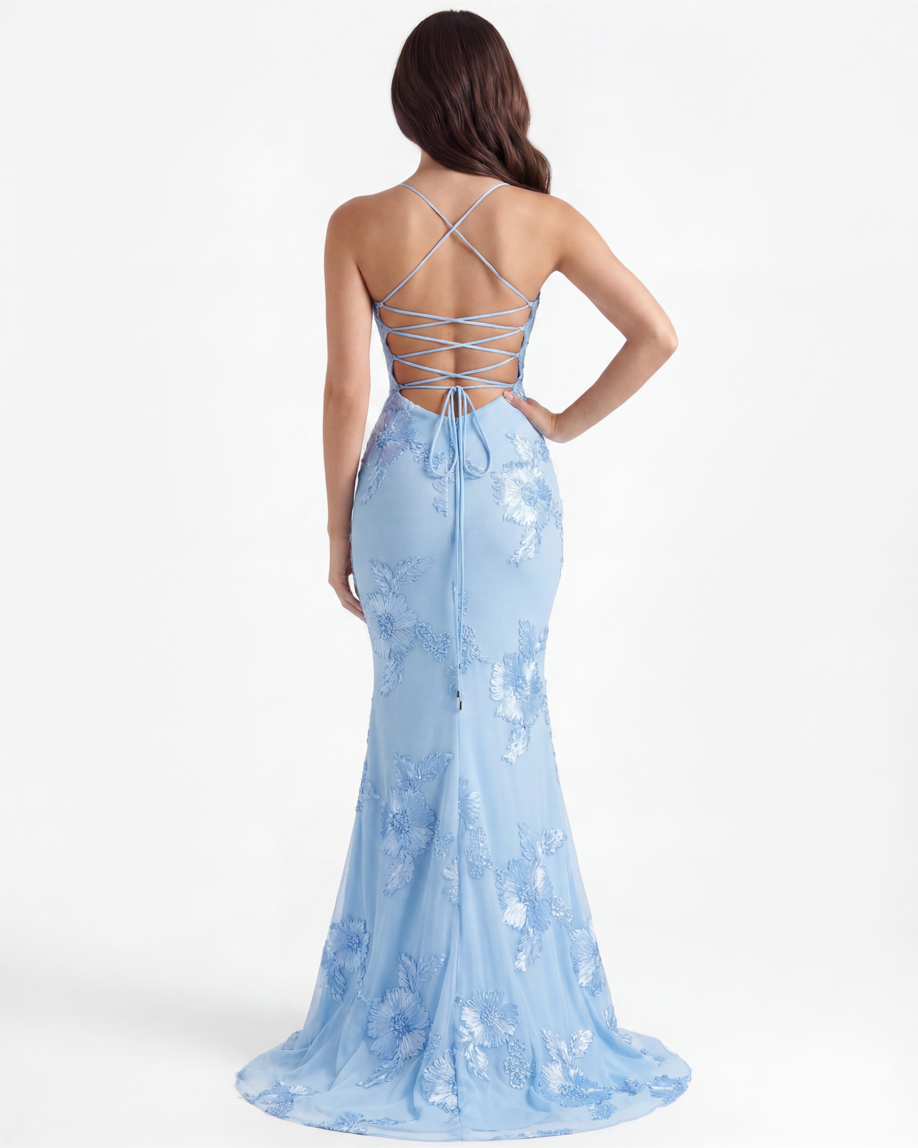 Maxi-jurk met korset en bloemenlintapplicatie in babyblauw – romantische trouwgastjurk voor tuinfeest