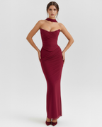 Burgundy Mesh Corset Maxi Set – 3-Piece Corset Skirt & Scarf Evening Occasion Outfit