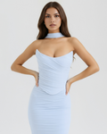 Babyblauwe Mesh Corset Maxi Rok & Sjaal Driedelige Set – Elegante Bruiloftsgasten Outfit