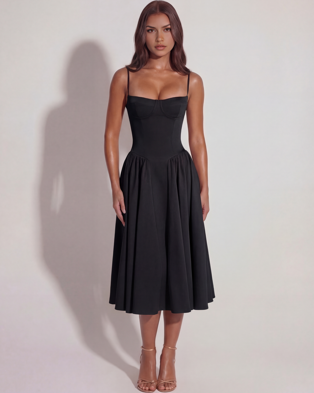 Boned Sweetheart Twill Midi Dress with Pockets – Summer Wedding Guest Garden Party Gown