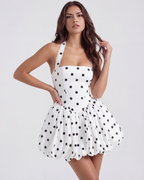 Black Polka Dot Puffball Mini Dress – Playful Wedding Guest Garden Party Outfit