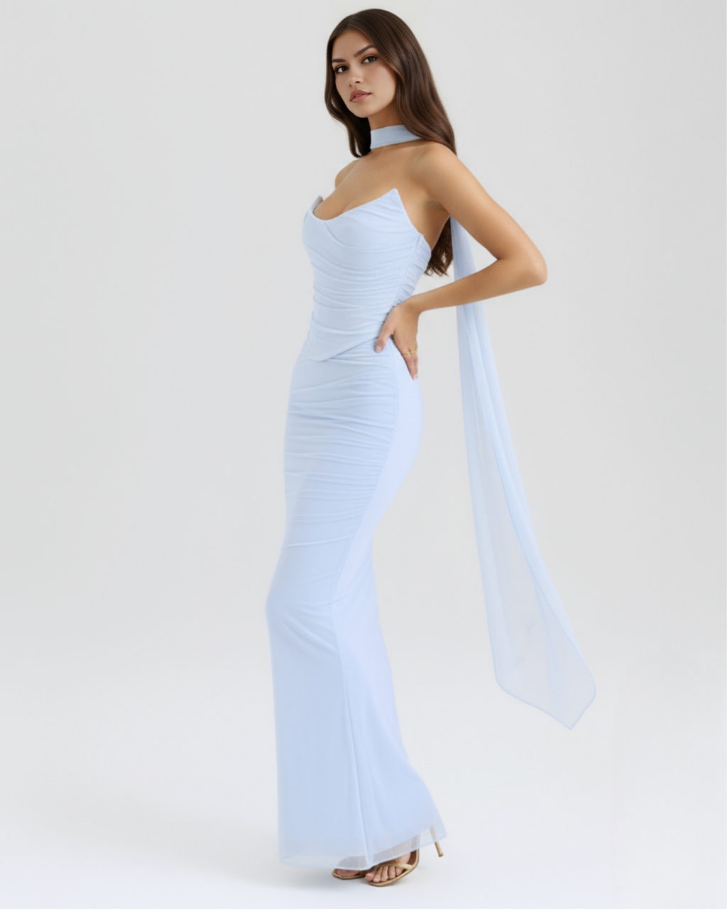 Babyblauwe Mesh Corset Maxi Rok & Sjaal Driedelige Set – Elegante Bruiloftsgasten Outfit
