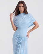 Babyblauw Gedrapeerde Sjaal Vloerlange Maxi Jurk – Elegante Bruiloftsgast Avondjurk
