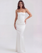 White Boned Corset Crepe Maxi Dress – Elegant Wedding Guest Gown