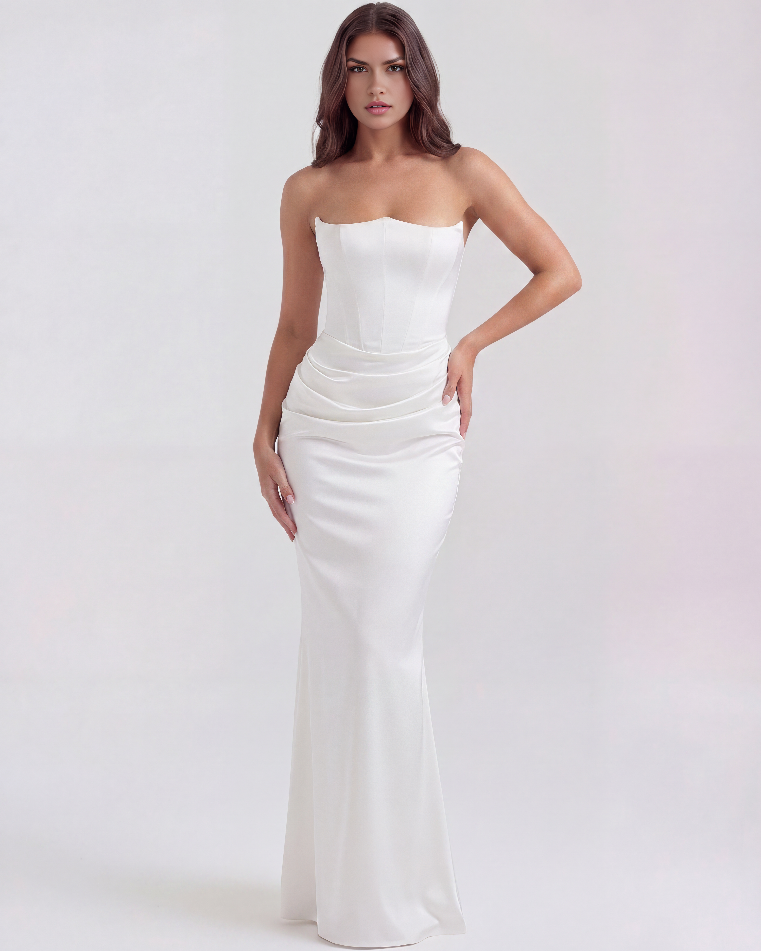 White Boned Corset Crepe Maxi Dress – Elegant Wedding Guest Gown