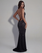 Rhinestone Gradient Mesh Fit-and-Flare Maxi Gown with Train – Black Tie Wedding Guest Dress