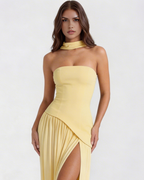 Buttergelbes trägerloses Chiffon-Maxikleid mit Schal – Festliches Frühlings-Hochzeitsgastkleid