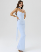 Babyblauwe Mesh Corset Maxi Rok & Sjaal Driedelige Set – Elegante Bruiloftsgasten Outfit