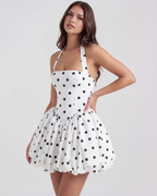 Black Polka Dot Puffball Mini Dress – Playful Wedding Guest Garden Party Outfit