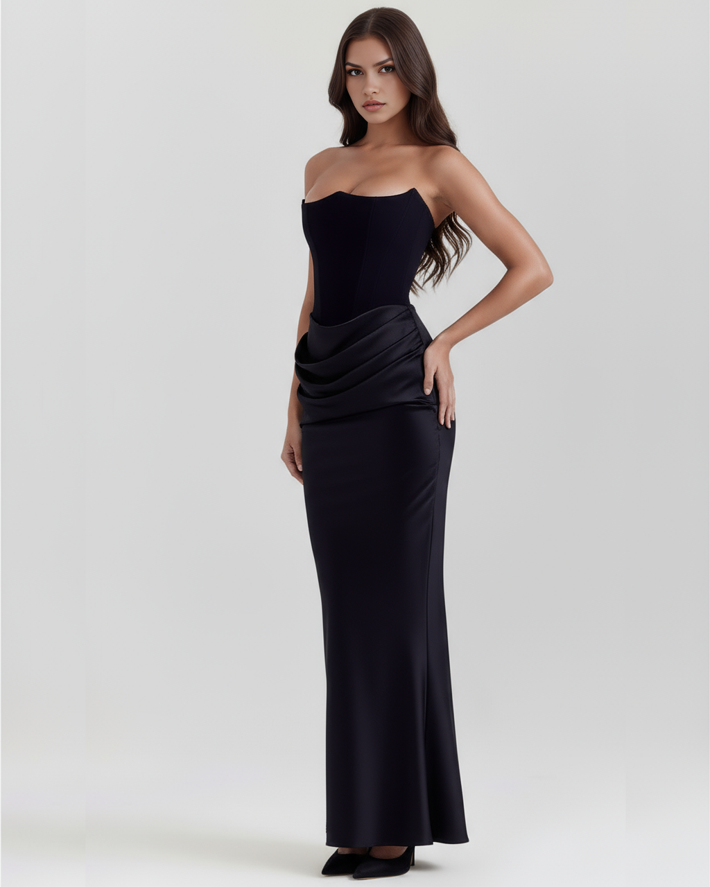 Black Boned Corset Crepe Long Gown – Glamorous Wedding Guest Formal Dress