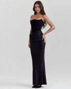 Black Boned Corset Crepe Long Gown – Glamorous Wedding Guest Formal Dress