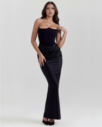 Black Boned Corset Crepe Long Gown – Glamorous Wedding Guest Formal Dress