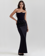 Black Boned Corset Crepe Long Gown – Glamorous Wedding Guest Formal Dress