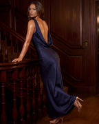 Deep Blue Satin Cowl Neck Open Back Maxi Gown – Black Tie Wedding Guest Dress