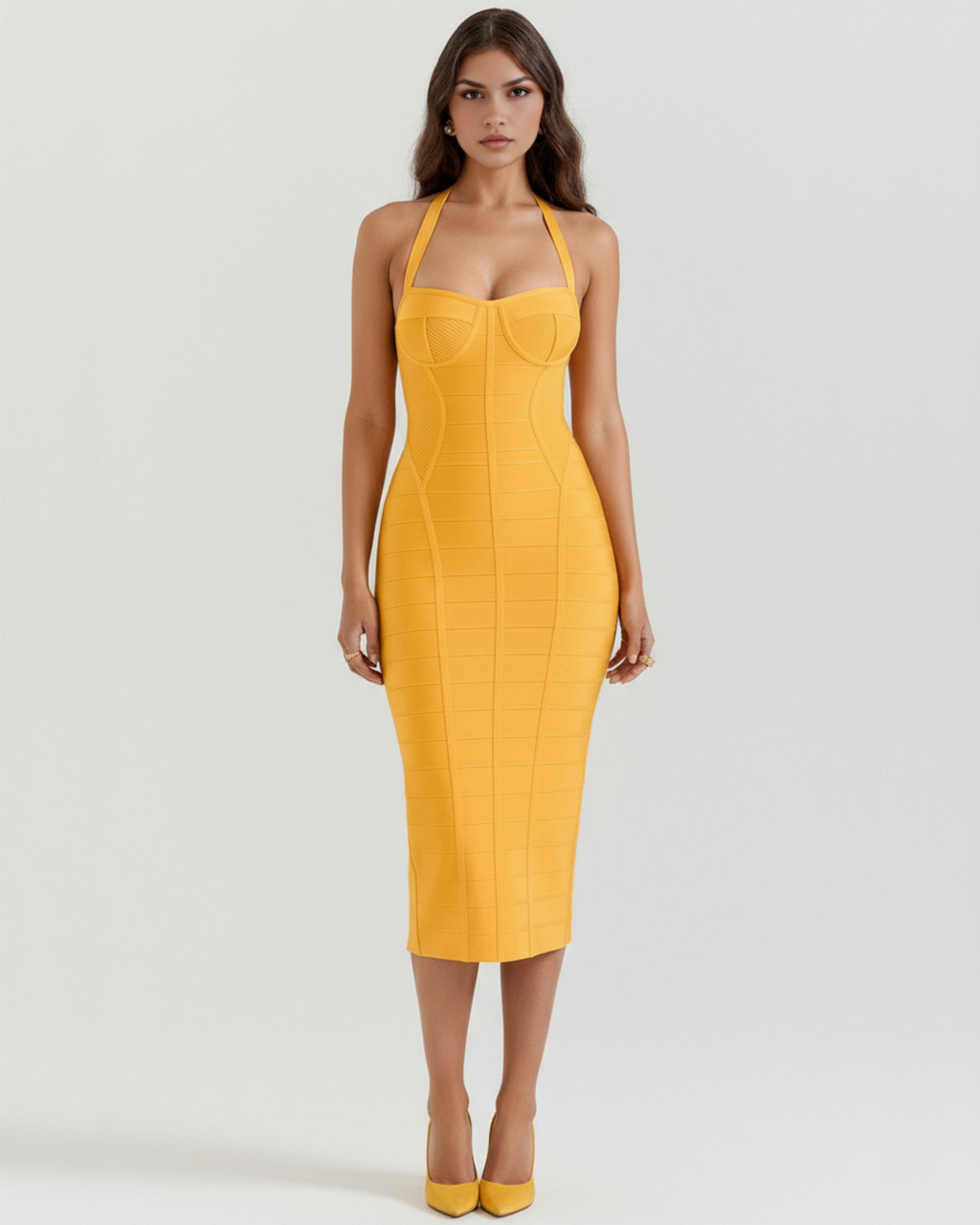 Golden Bandage Halter Midi Dress – Glamorous Wedding Guest Cocktail Party Outfit