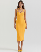 Golden Bandage Halter Midi Dress – Glamorous Wedding Guest Cocktail Party Outfit