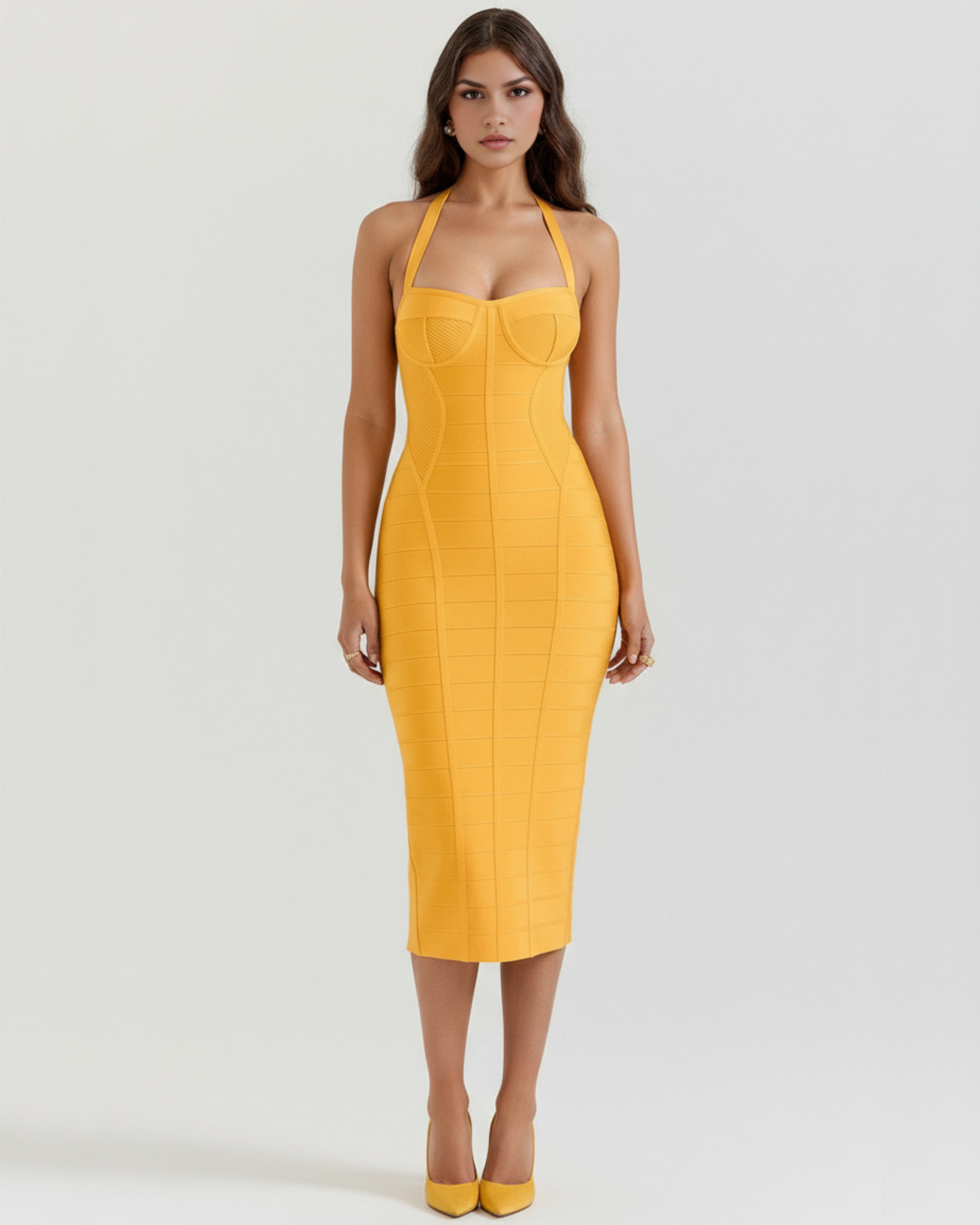 Golden Bandage Halter Midi Dress – Glamorous Wedding Guest Cocktail Party Outfit