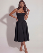 Boned Sweetheart Twill Midi Dress with Pockets – Summer Wedding Guest Garden Party Gown