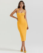 Golden Bandage Halter Midi Dress – Glamorous Wedding Guest Cocktail Party Outfit