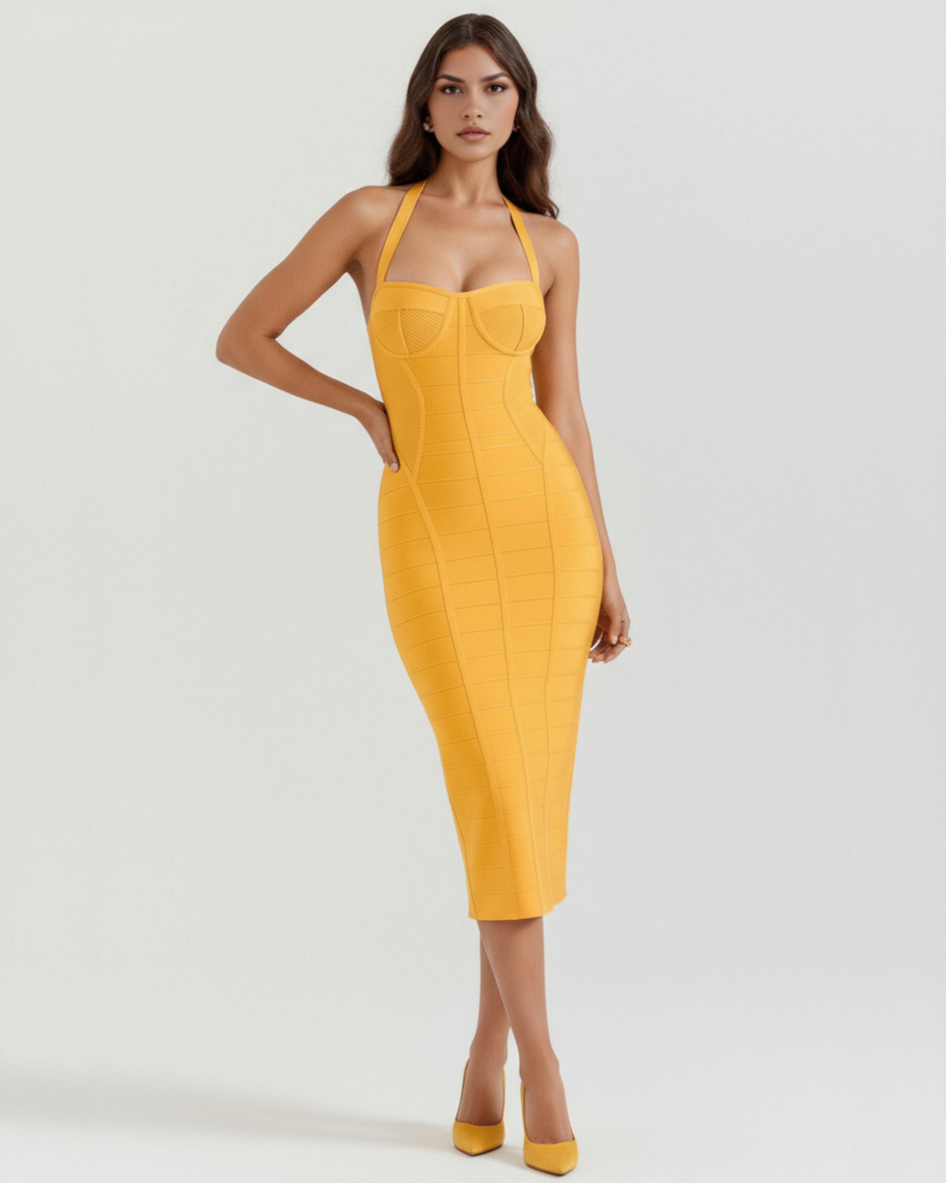 Golden Bandage Halter Midi Dress – Glamorous Wedding Guest Cocktail Party Outfit