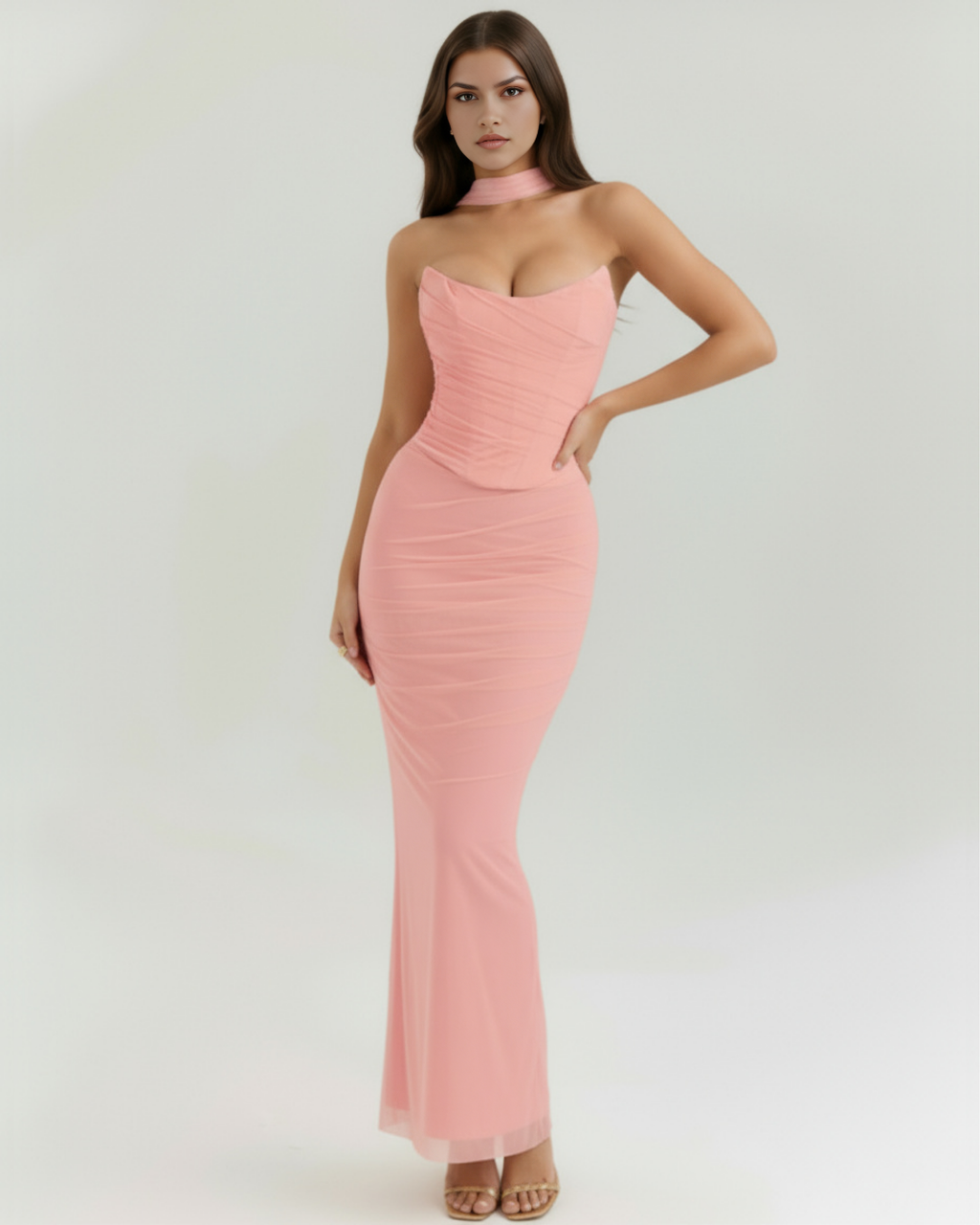 Pink Mesh Corset Maxi Skirt & Scarf Three-Piece Set – Elegant Wedding Guest Outfit