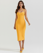 Golden Bandage Halter Midi Dress – Glamorous Wedding Guest Cocktail Party Outfit