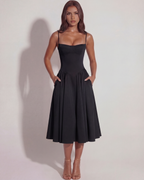Boned Sweetheart Twill Midi Dress with Pockets – Summer Wedding Guest Garden Party Gown