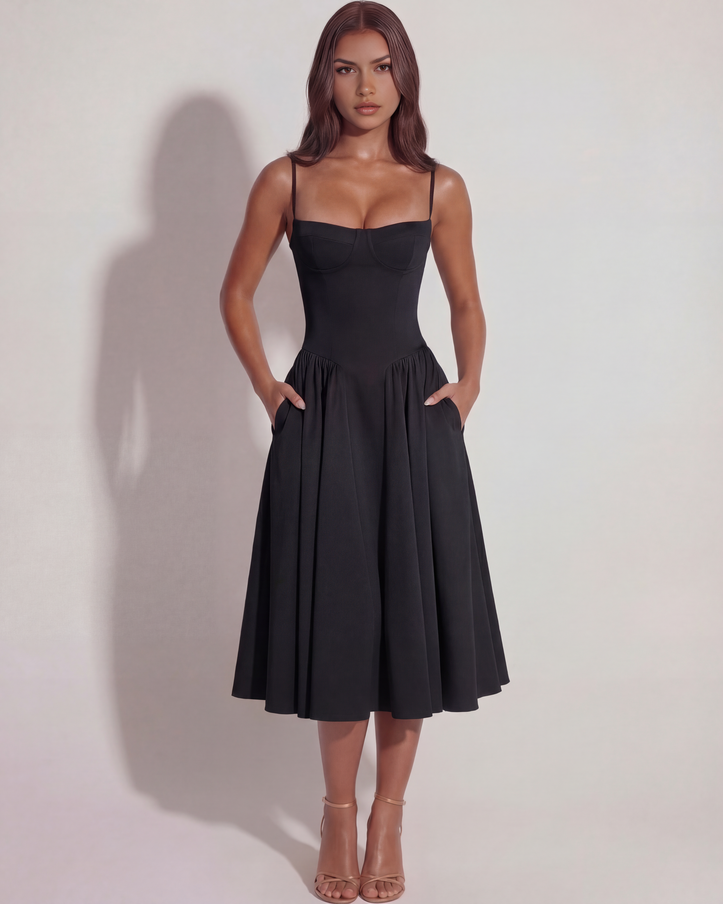Boned Sweetheart Twill Midi Dress with Pockets – Summer Wedding Guest Garden Party Gown