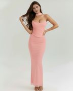 Pink Mesh Corset Maxi Skirt & Scarf Three-Piece Set – Elegant Wedding Guest Outfit