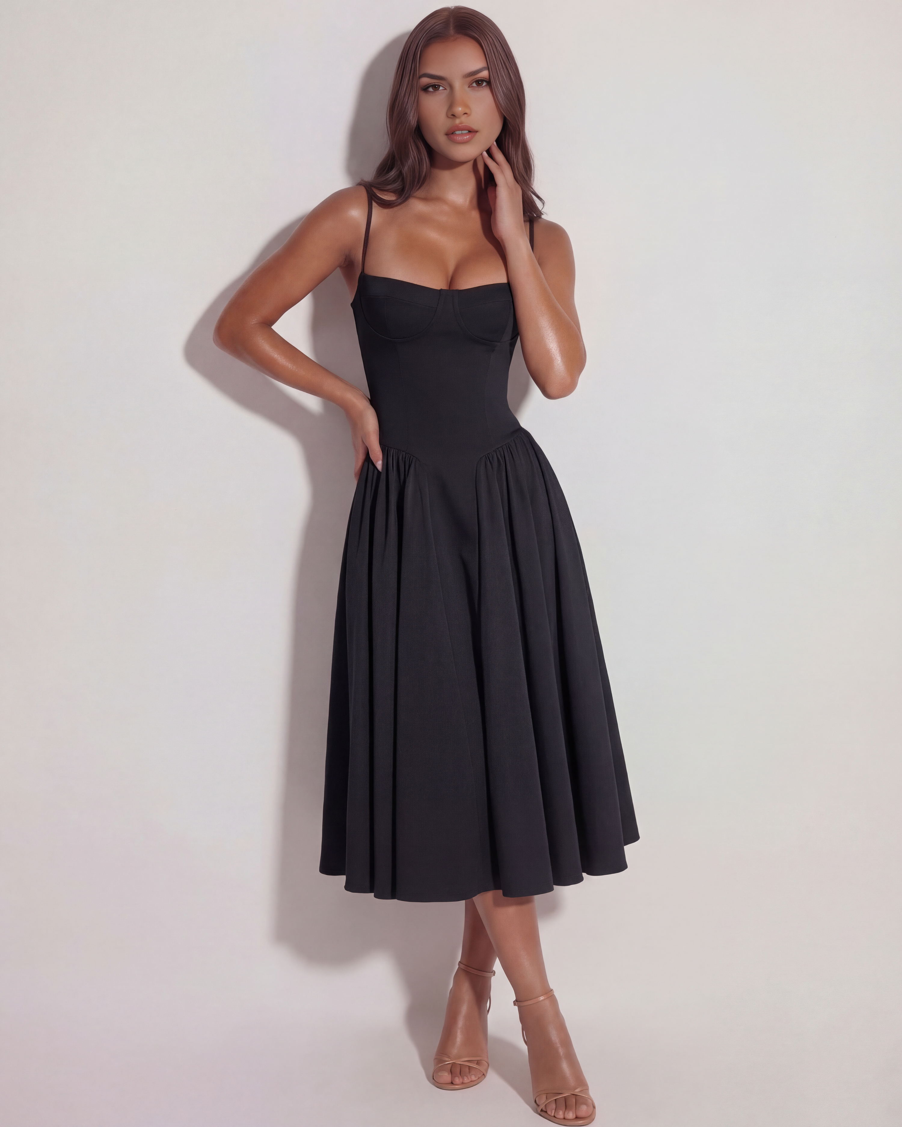 Boned Sweetheart Twill Midi Dress with Pockets – Summer Wedding Guest Garden Party Gown