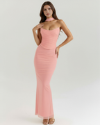 Pink Mesh Corset Maxi Skirt & Scarf Three-Piece Set – Elegant Wedding Guest Outfit
