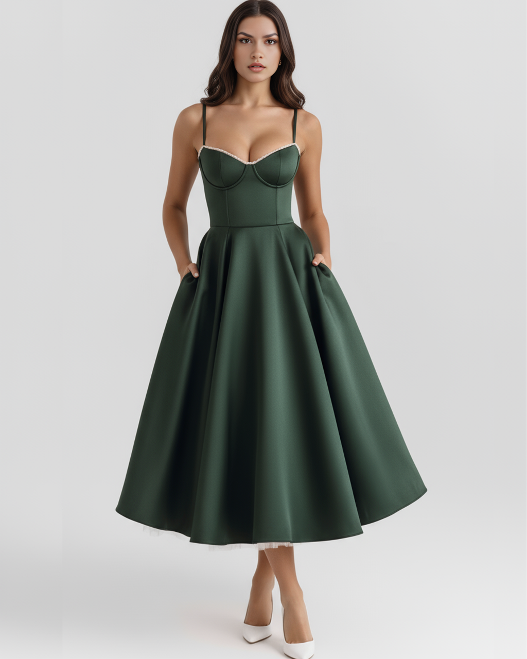 Forest Green Satin-Feel Sweetheart Midi Dress – Boned Bodice Tulle Skirt Prom Wedding Guest