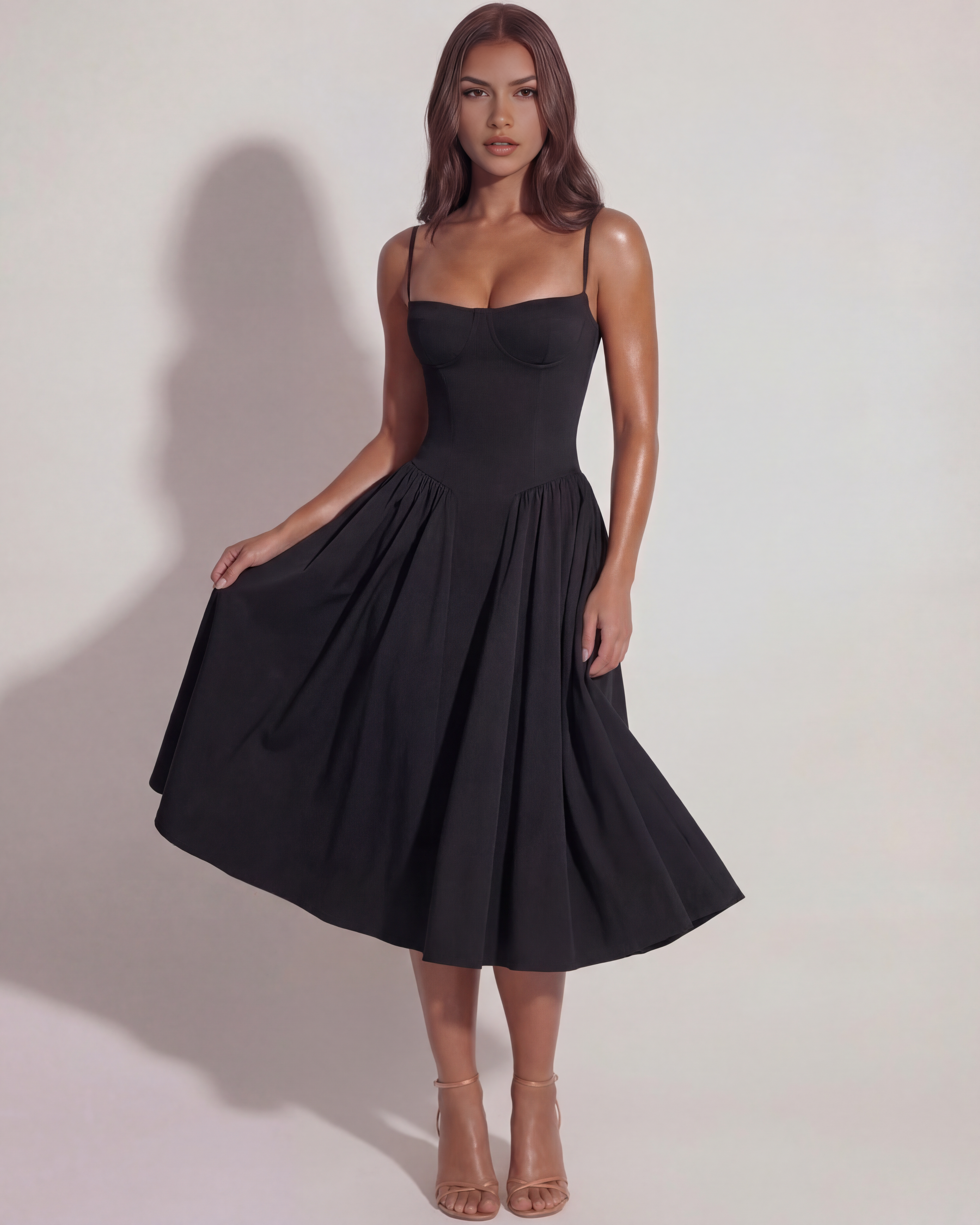 Boned Sweetheart Twill Midi Dress with Pockets – Summer Wedding Guest Garden Party Gown