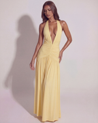 Butter Yellow Halter Neck Ruched Maxi Dress with Split – Elegant Wedding Guest Evening Gown