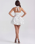 Black Polka Dot Puffball Mini Dress – Playful Wedding Guest Garden Party Outfit