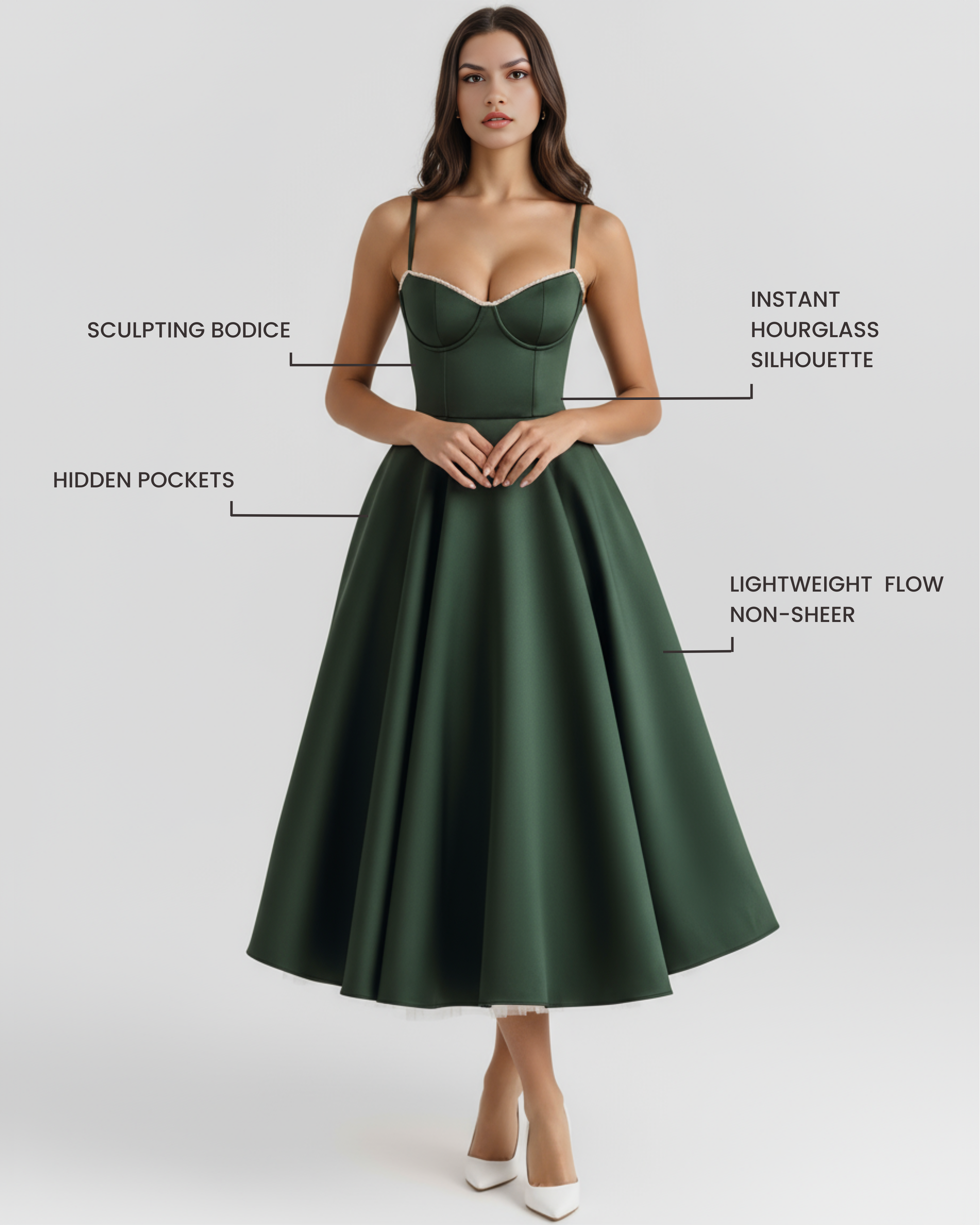 Forest Green Satin-Feel Sweetheart Midi Dress – Boned Bodice Tulle Skirt Prom Wedding Guest