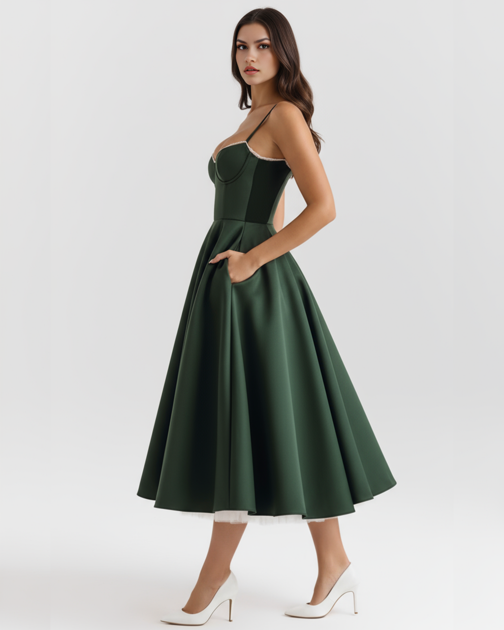 Forest Green Satin-Feel Sweetheart Midi Dress – Boned Bodice Tulle Skirt Prom Wedding Guest