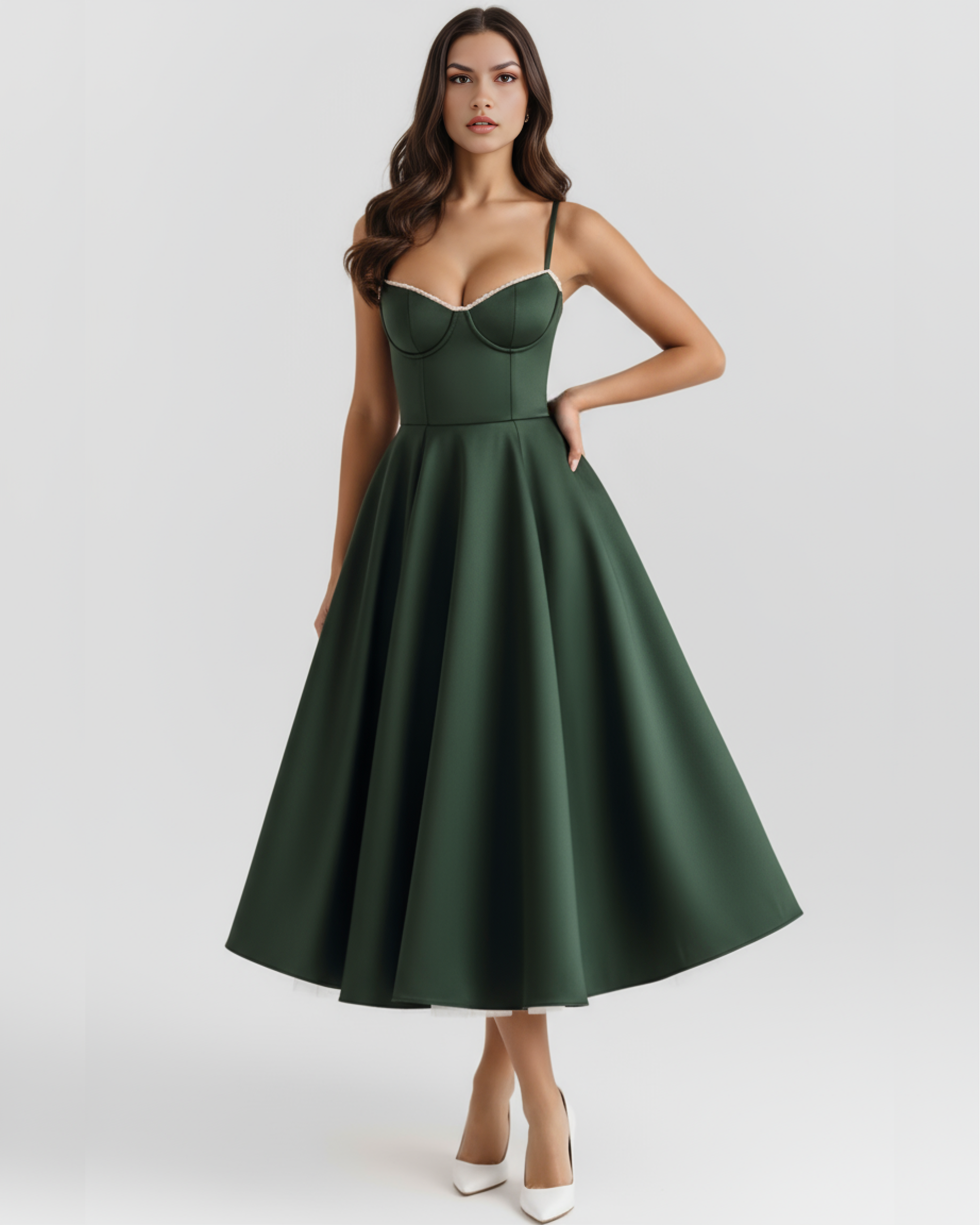 Forest Green Satin-Feel Sweetheart Midi Dress – Boned Bodice Tulle Skirt Prom Wedding Guest