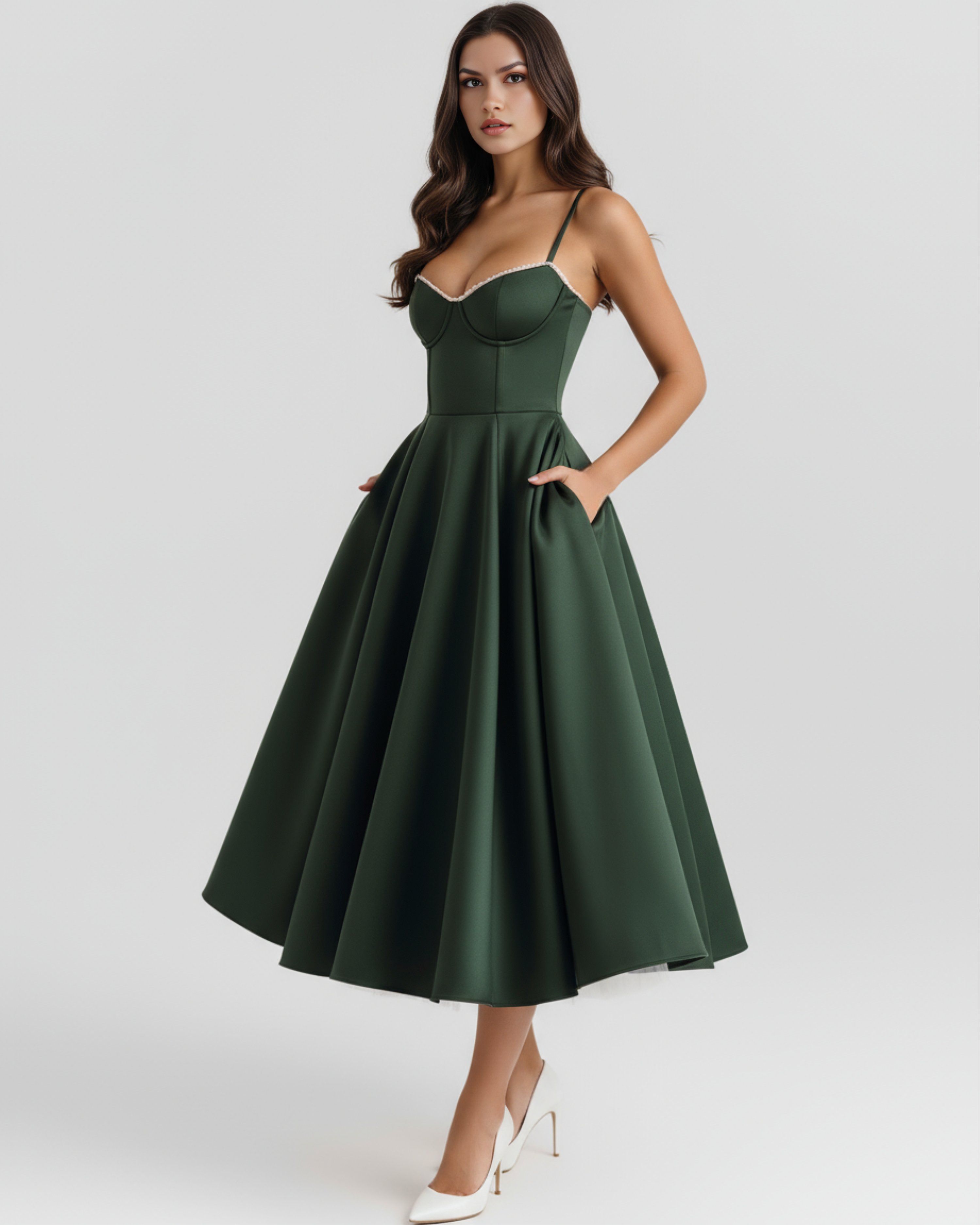 Forest Green Satin-Feel Sweetheart Midi Dress – Boned Bodice Tulle Skirt Prom Wedding Guest