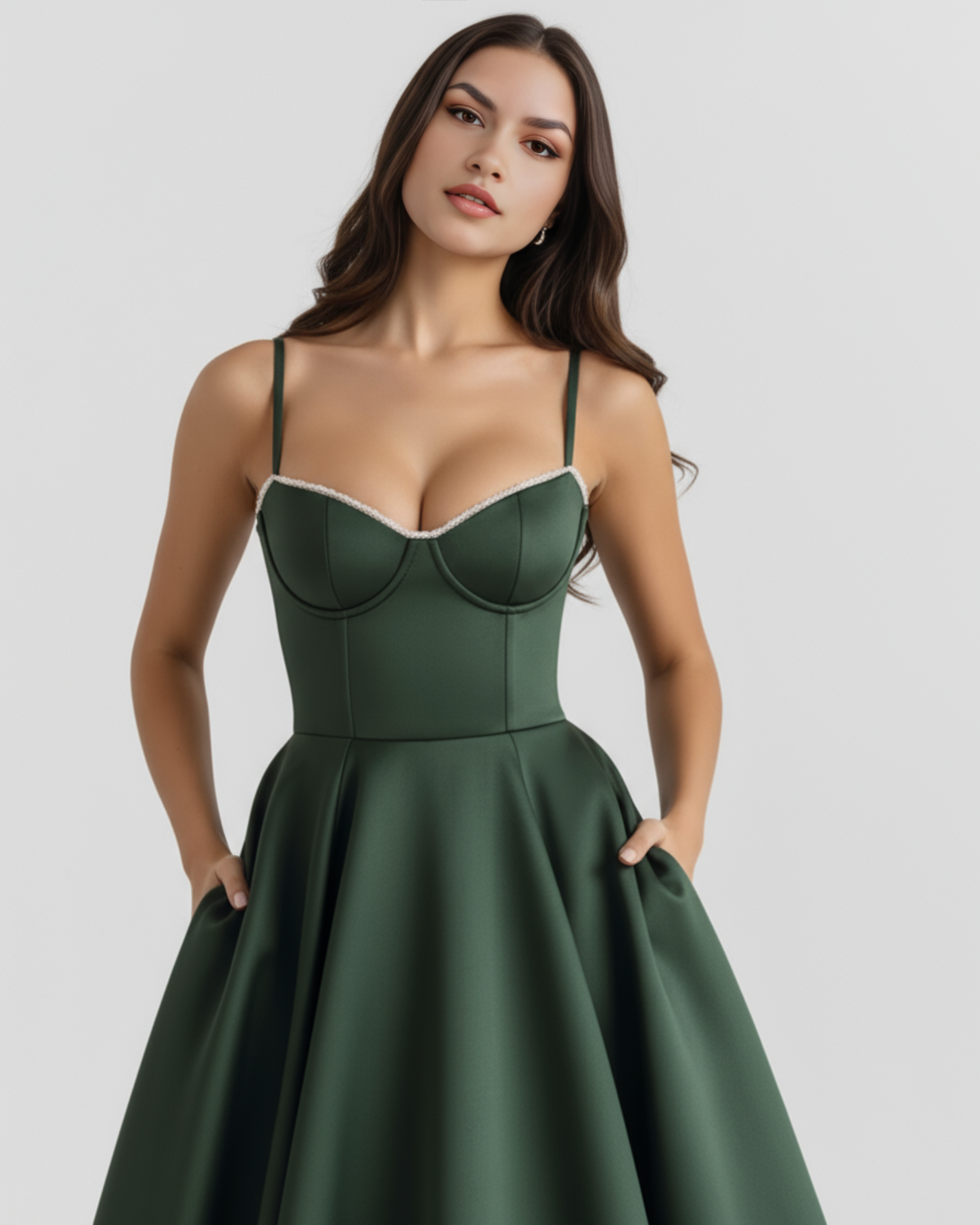 Forest Green Satin-Feel Sweetheart Midi Dress – Boned Bodice Tulle Skirt Prom Wedding Guest