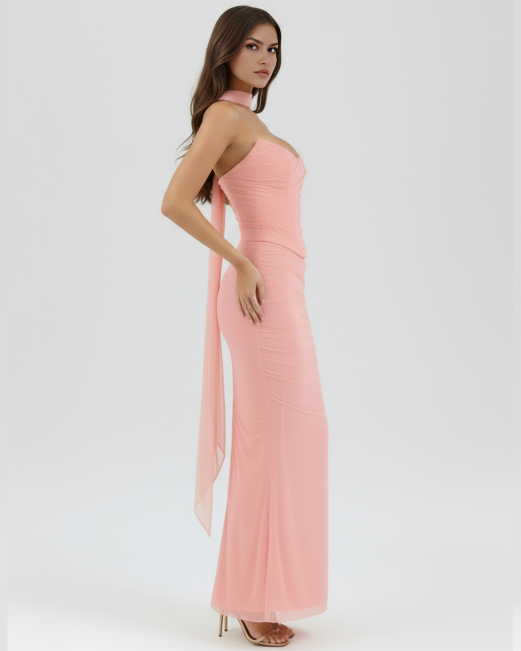 Pink Mesh Corset Maxi Skirt & Scarf Three-Piece Set – Elegant Wedding Guest Outfit