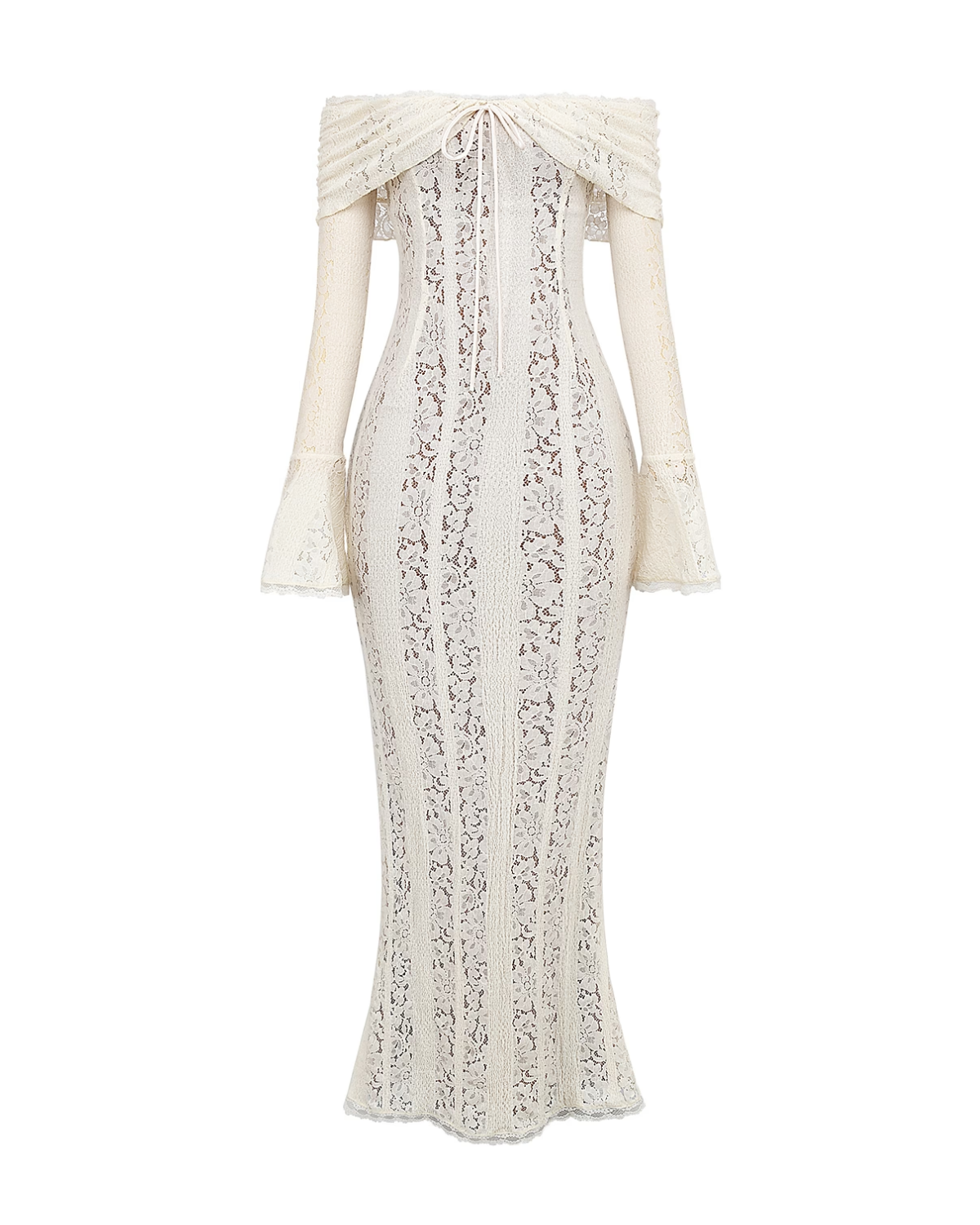 Cream Floral Lace Off-Shoulder Godet Maxi Dress – Dramatic Wedding Guest Evening Gown