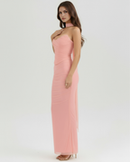 Pink Mesh Corset Maxi Skirt & Scarf Three-Piece Set – Elegant Wedding Guest Outfit