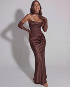 Brown Strapless Lace-Up Asymmetric Maxi Gown – Black Tie Wedding Guest Dress