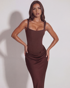 Deep Brown Satin Lace-Up Back Maxi Gown – Black Tie Wedding Guest Dress