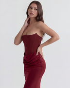 Boned Corset Crepe Maxi Dress – Cinched Waist Wedding Guest Formal Evening Gown