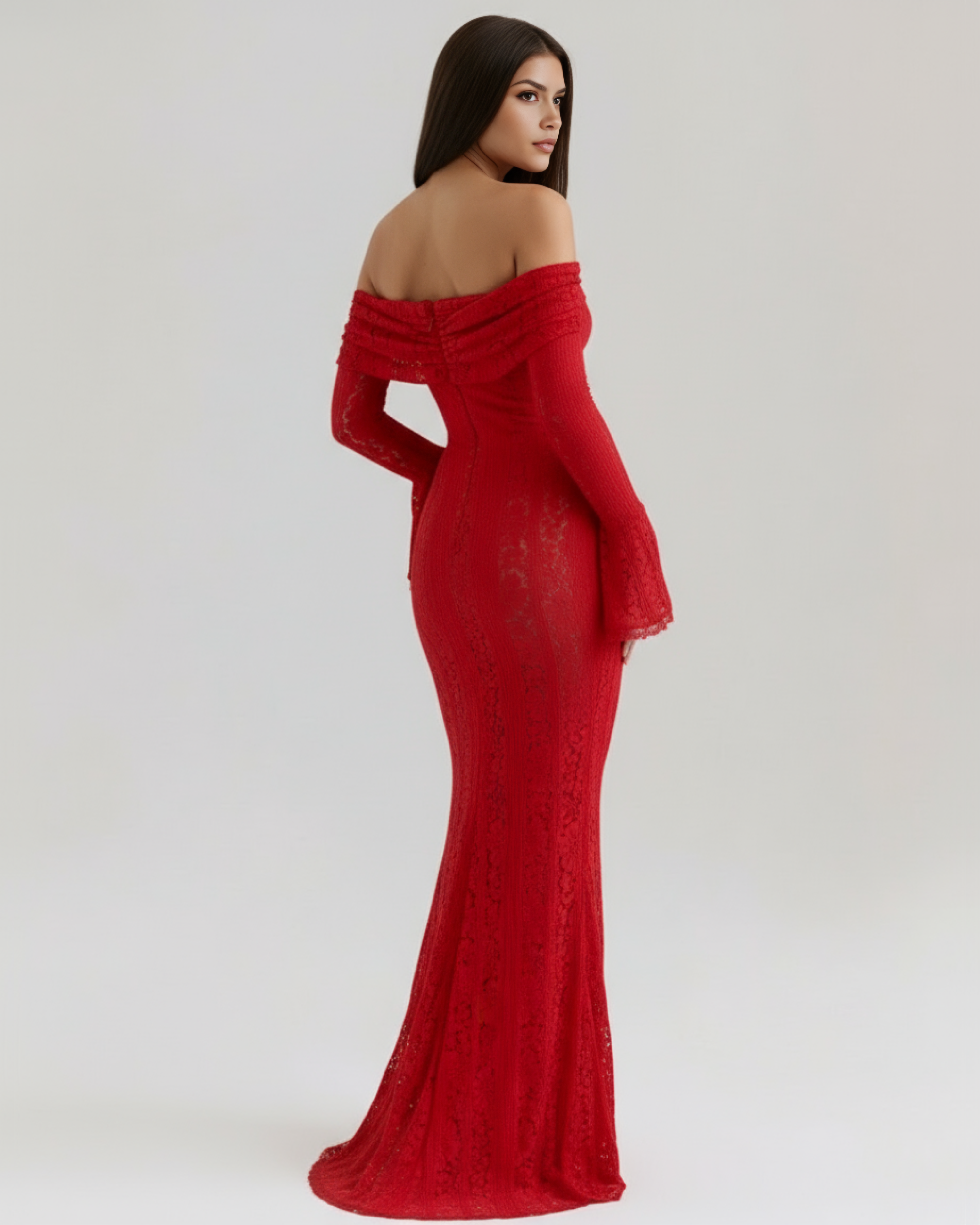 Floral Lace Off-Shoulder Maxi Dress – Boned Bodice Godet Skirt Formal Evening Gown