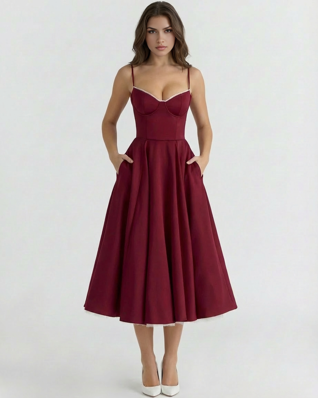 Satin-Feel Sweetheart Midi Dress – Boned Bodice Tulle Skirt Wedding Guest Prom Dress